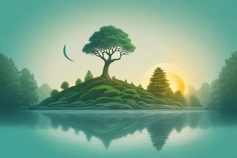 A serene natural landscape with symbolic elements like a strong tree