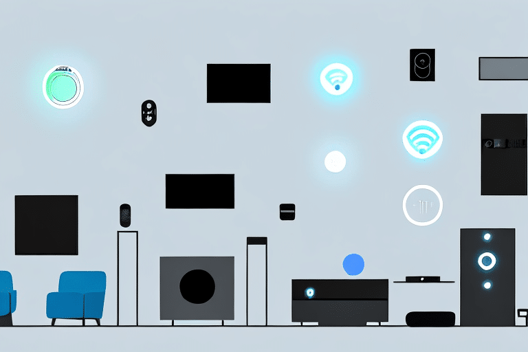 A modern living room filled with various smart home devices such as a smart tv