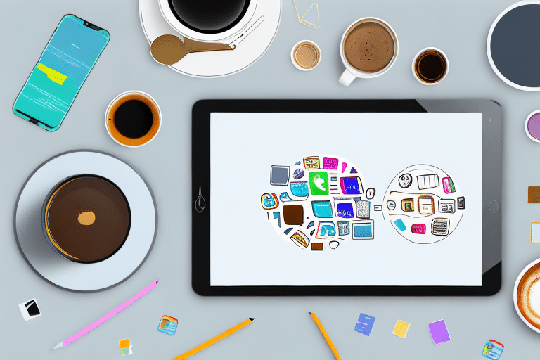 A well-organized workspace with a smartphone and a tablet displaying various colorful app icons related to productivity and organization