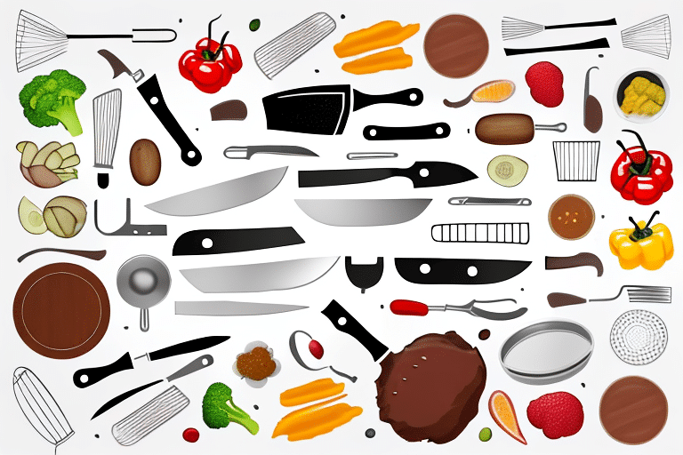 Various cooking tools like a chef's knife