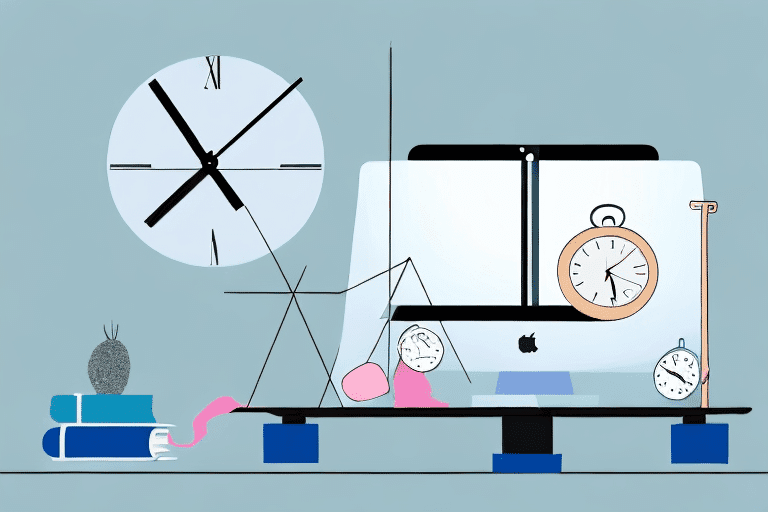 A balanced scale with one side holding a laptop and office supplies A balanced scale with one side holding a laptop and office supplies