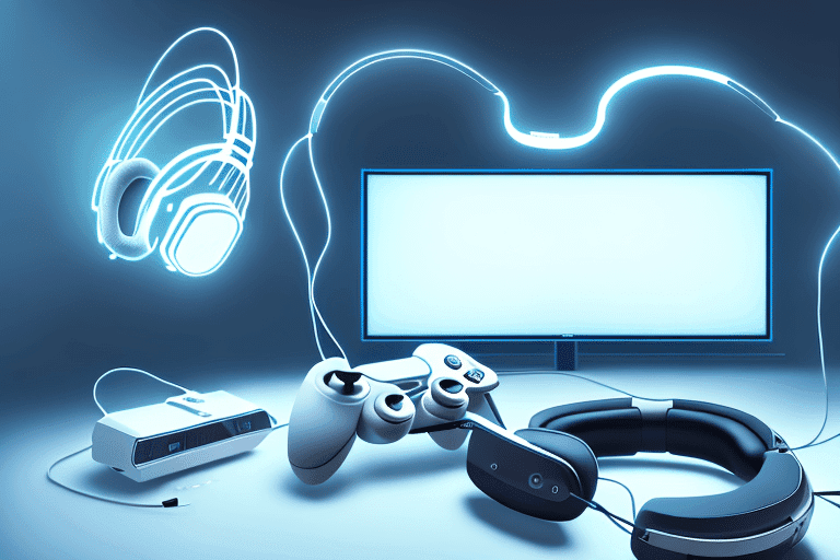 A sophisticated gaming console with a pair of elegant headphones A sophisticated gaming console with a pair of elegant headphones