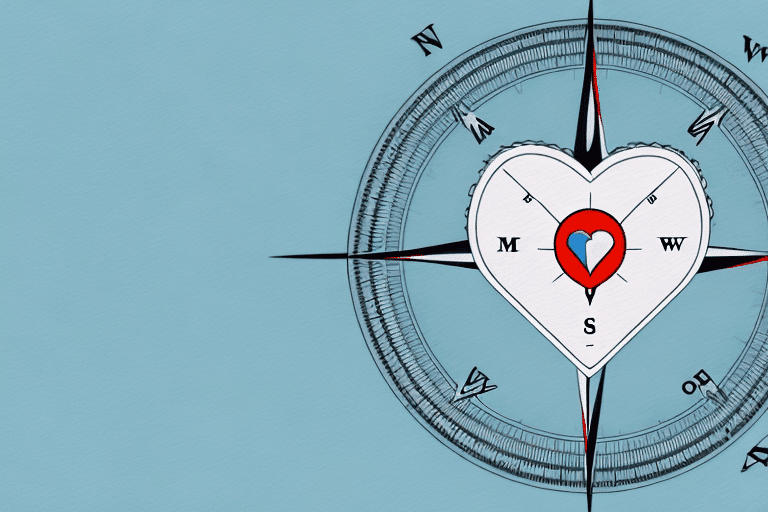 A compass on a heart-shaped map A compass on a heart-shaped map